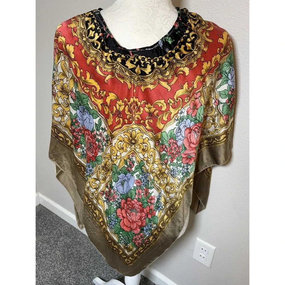 Handmade Poncho Cape~OS~Made from a Vintage Silk Scarf Floral Scroll Boho Resort